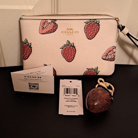Coach White Strawberry Print Wristlet NWT paired with an unbranded charm - Picture 1 of 6